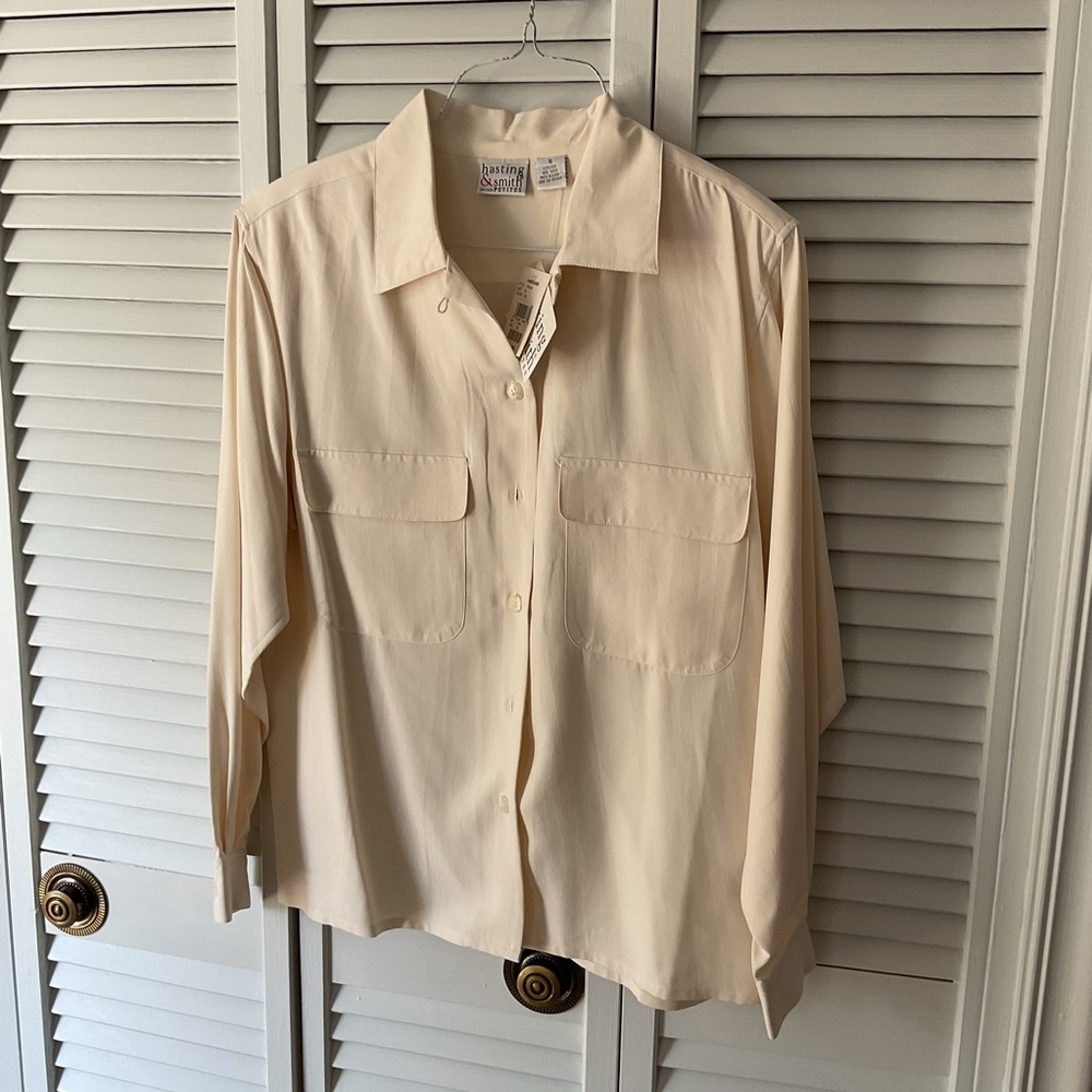 Beige Button-Up Silk Blouse. Petite Small.